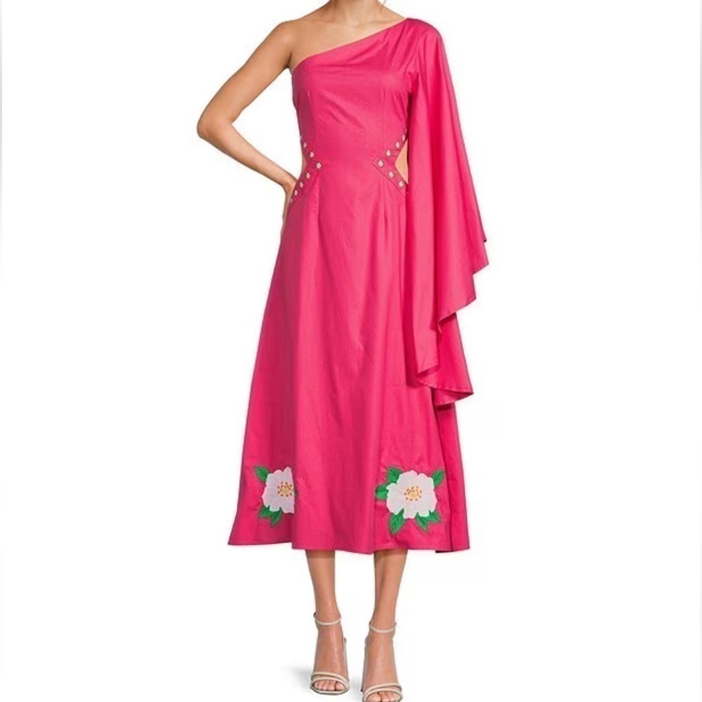 Fanm Mon Amarya One-Shoulder Bell Sleeve Side Cut Out Floral Embroidered Dress - Picture 4 of 15